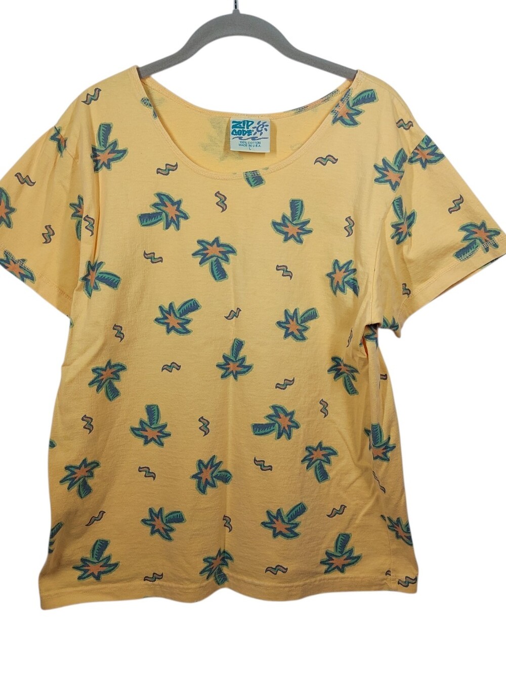 Vintage Zip Code Palm Trees T-Shirt Yellow Size L USA Beach 1980's